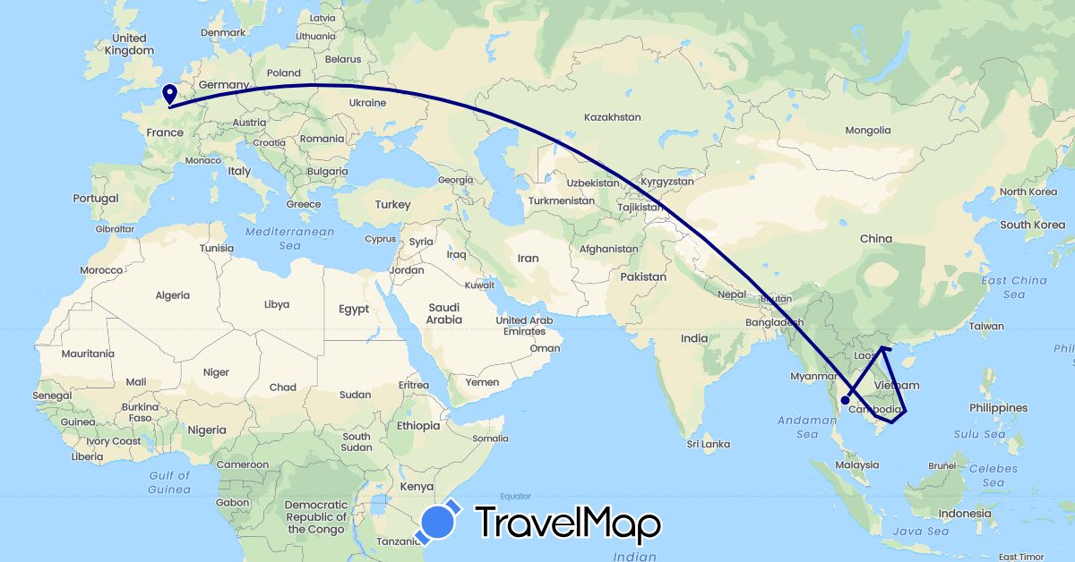 TravelMap itinerary: driving in France, Cambodia, Thailand, Vietnam (Asia, Europe)